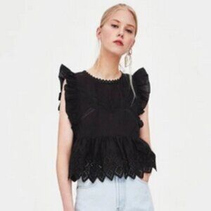 Zara Eyelet Embroidered Lace Ruffle Black Cap Sleeve Blouse Top XS